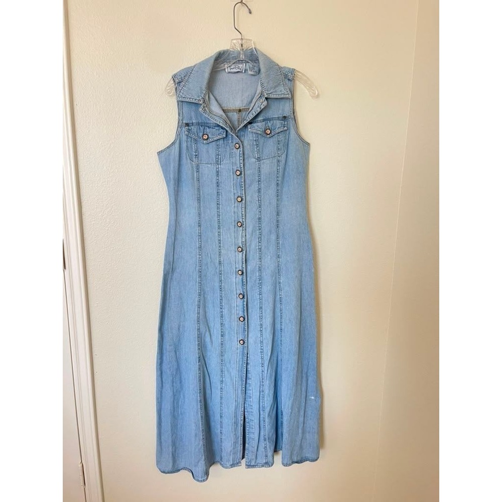 True Blue Vintage 90s Denim Maxi Dress Light Wash Button Front Sleeveless 13/14